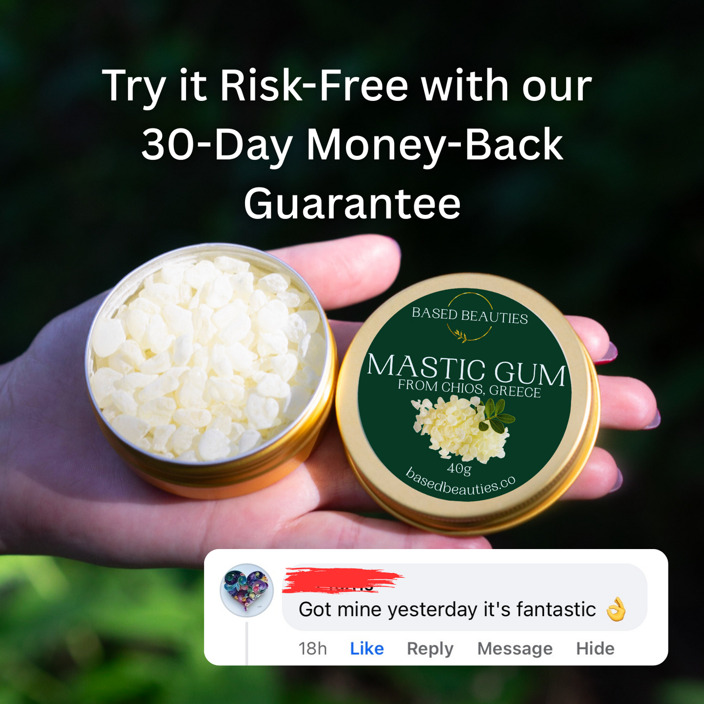 Hand holding a container of mastic gum with promotional text and a money-back guarantee offer.