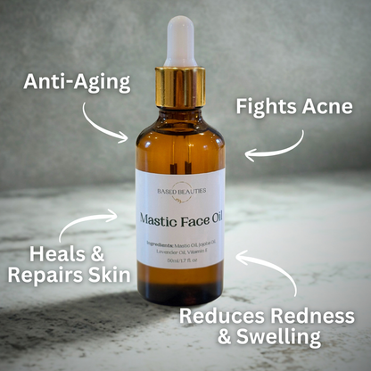 Bottle of mastic face oil with text highlighting its benefits on a neutral background