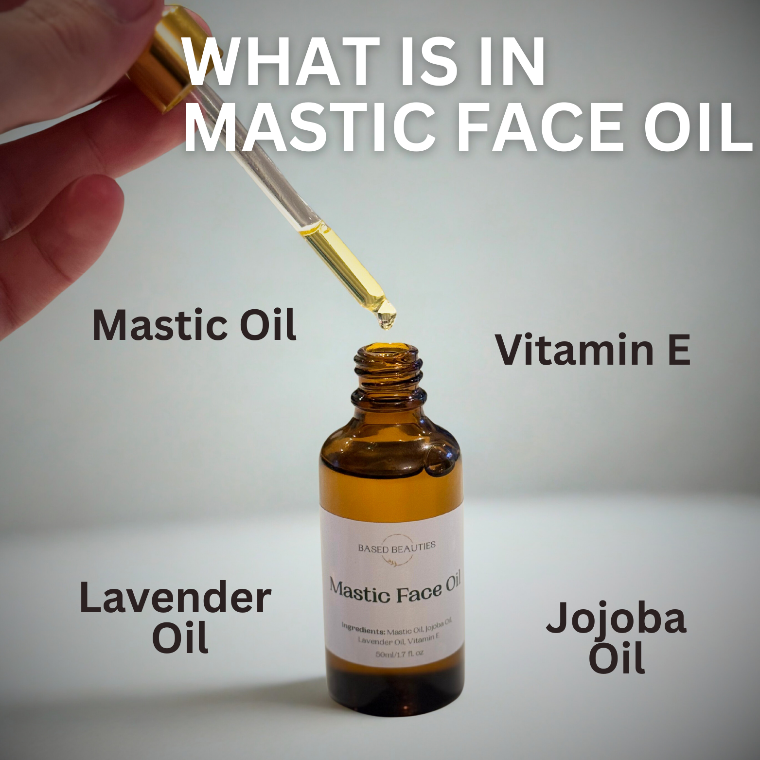 Bottle of mastic face oil with dropper and labeled ingredients on a gray background