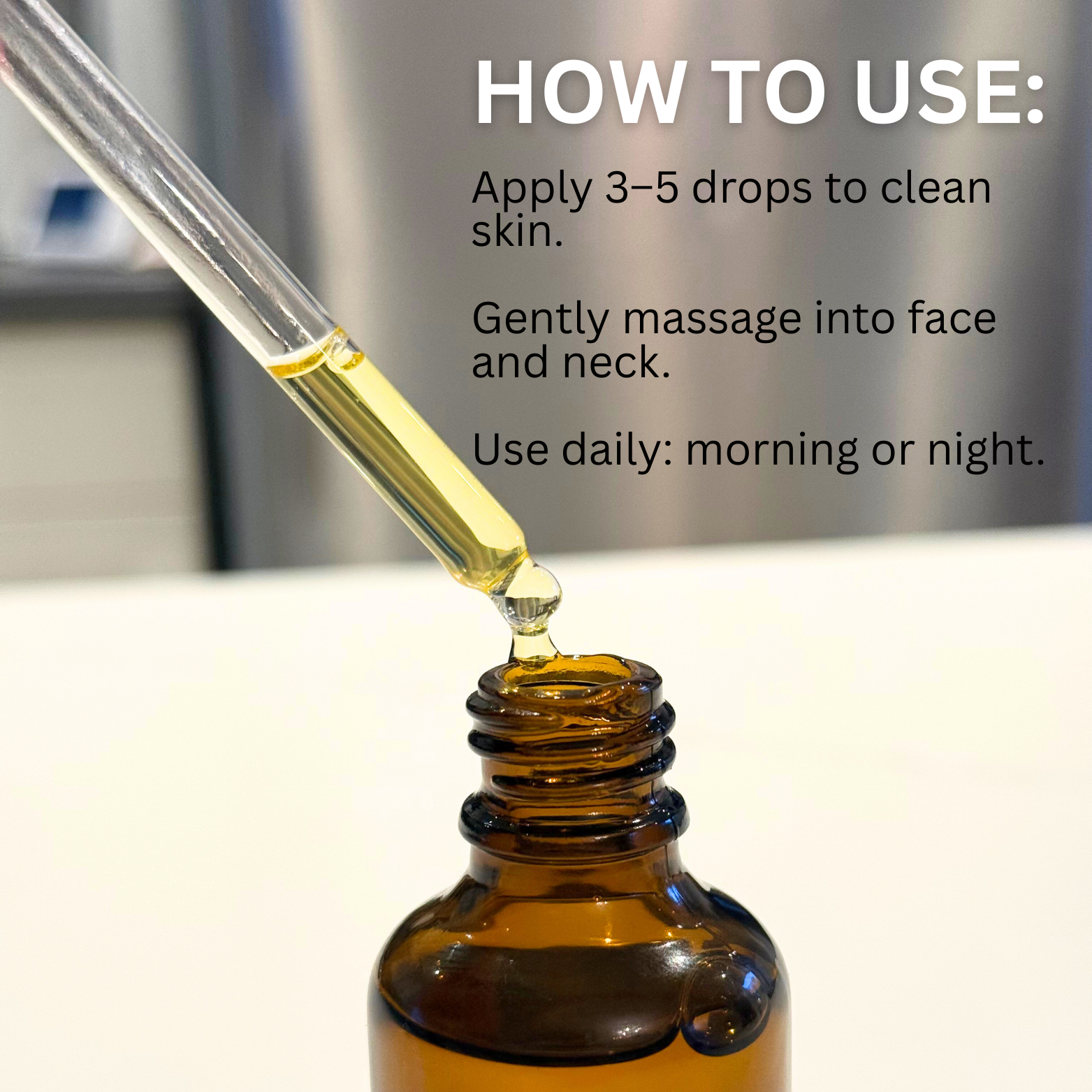 Brown glass dropper bottle with mastic oil being applied using a dropper, with text on how to use.