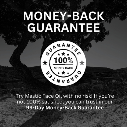 Black and white image with a tree and text about Mastic Face Oil's money-back guarantee.