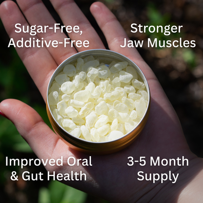 Hand holding a container of Mastic gum with health benefits text overlay